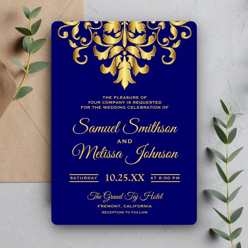 Elegant Royal Blue Gold Damask Wedding Invitation