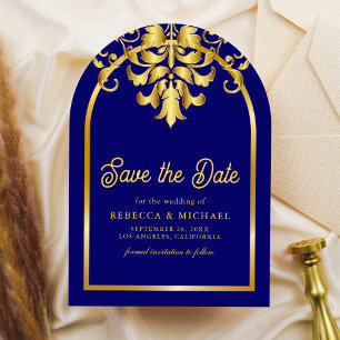 Elegant Royal Blue Gold Damask Wedding Photo Save The Date
