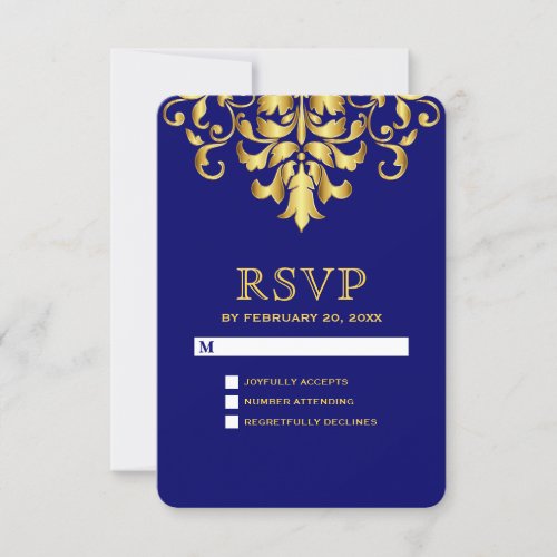 Elegant Royal Blue Gold Damask Wedding RSVP Card