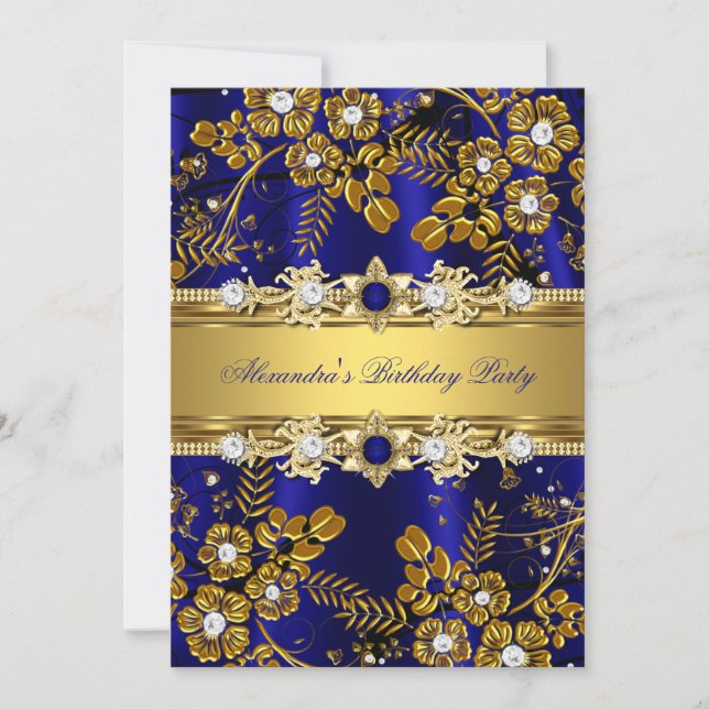 Elegant Royal Blue & Gold Floral Birthday Party Invitation (Front)