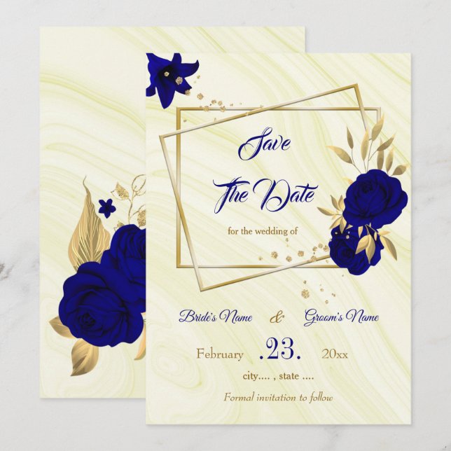 elegant royal blue gold floral  save the date (Front/Back)