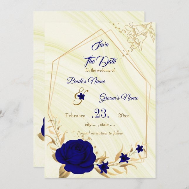 elegant royal blue gold floral  save the date (Front/Back)