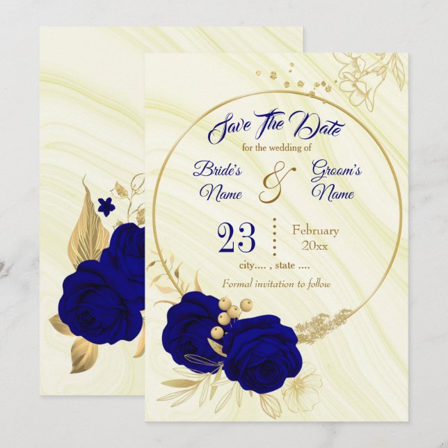 elegant royal blue gold floral  save the date (Front/Back)