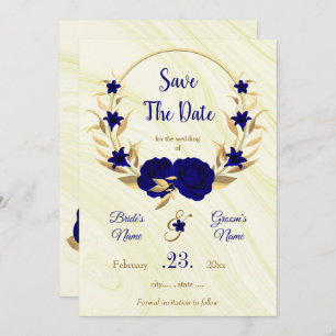 elegant royal blue gold floral wreath save the date
