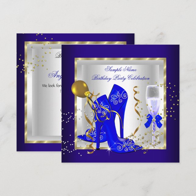 Elegant Royal Blue Gold Glitter Birthday Party Invitation (Front/Back)