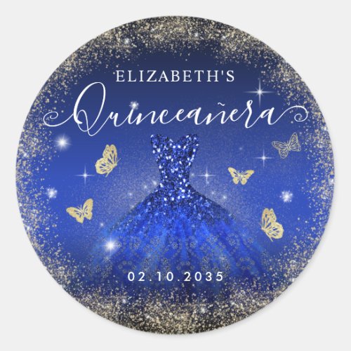 Elegant Royal Blue Gold Glitter Gown Quinceaera Classic Round Sticker