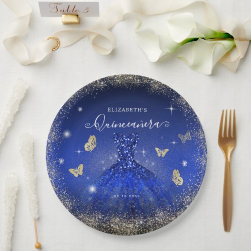 Elegant Royal Blue Gold Glitter Gown Quinceaera Paper Plates