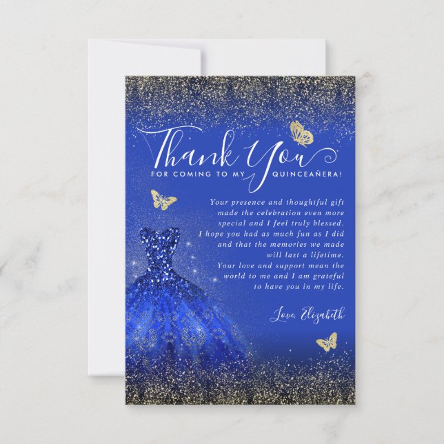 Elegant Royal Blue Gold Glitter Gown Quinceanera Thank You Card (Front)