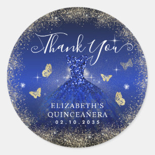 Elegant Royal Blue Gold Gown Quinceañera Thank You Classic Round Sticker