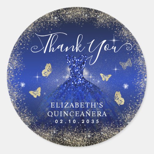 Elegant Royal Blue Gold Gown Quinceaera Thank You Classic Round Sticker
