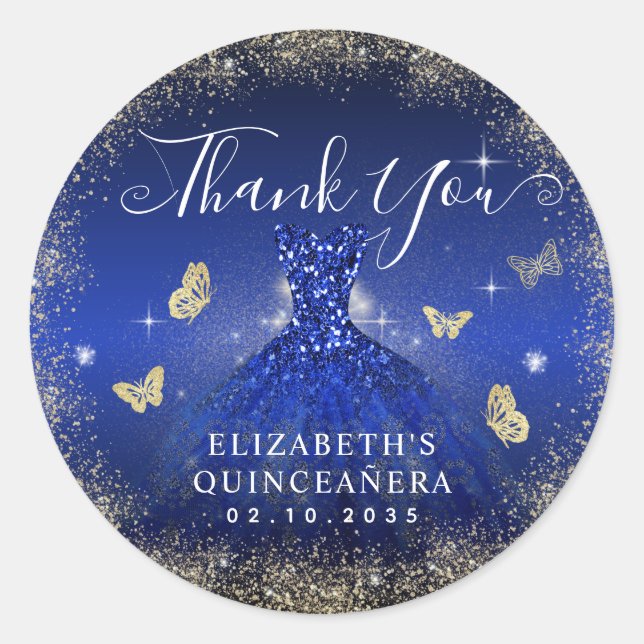 Elegant Royal Blue Gold Gown Quinceañera Thank You Classic Round Sticker (Front)