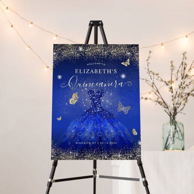 Elegant Royal Blue Gold Gown Quinceañera Welcome Foam Board (In Situ (Stand))