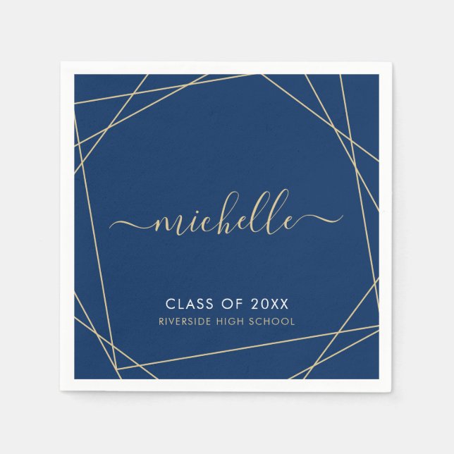 Elegant Royal Blue Gold Graduation Party Name Napkins (Front)