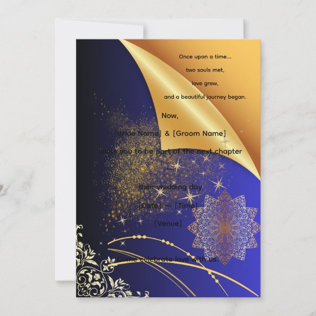 Elegant Royal blue & Gold IndianWedding  Invitation (Front)