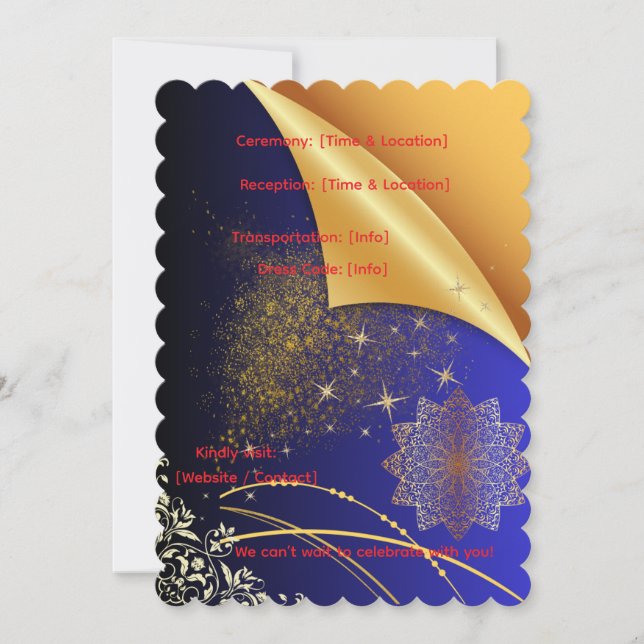 Elegant Royal blue & Gold IndianWedding  Invitation (Front)