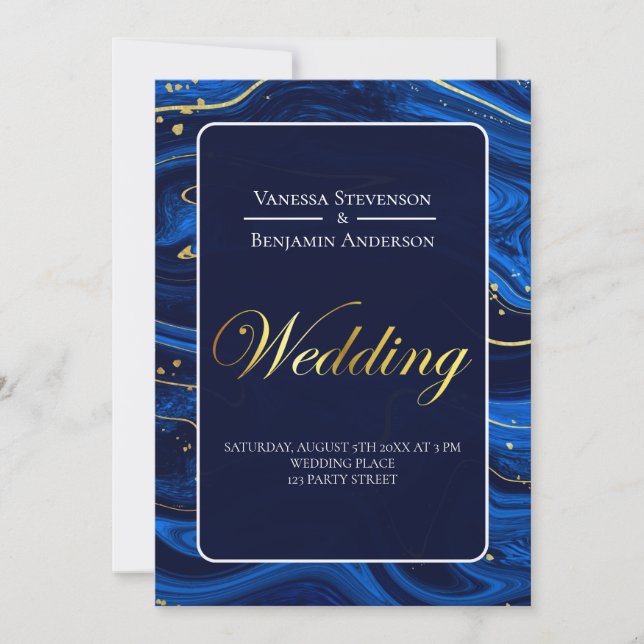 Elegant Royal Blue Gold Lace QR Code Wedding  Invitation (Front)