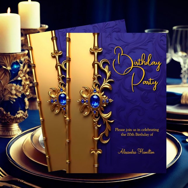 Elegant Royal Blue Gold Ornate Birthday Party Invitation (Creator Uploaded)