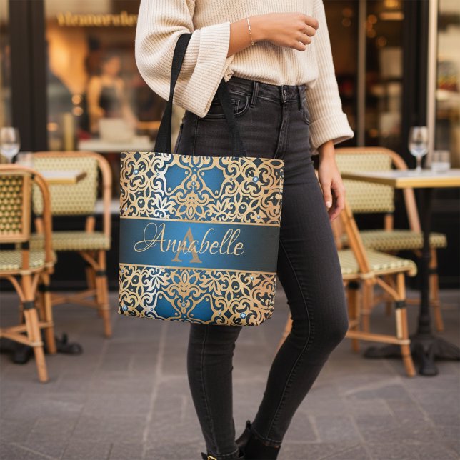 Elegant Royal Blue & Gold Ornate Jewel Damask Name Tote Bag (Creator Uploaded)