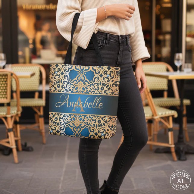 Elegant Royal Blue & Gold Ornate Jewel Damask Name Tote Bag (Creator Uploaded)