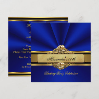 Elegant Royal Blue Gold Pearl Birthday Party Invitation