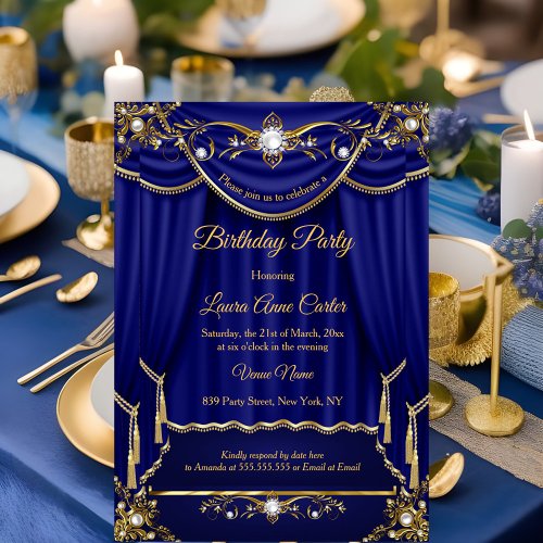 Elegant Royal Blue Gold Pearl Drapes party Invitation