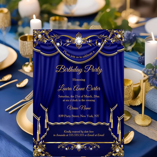 Elegant Royal Blue Gold Pearl Drapes party Invitation (Creator Uploaded)