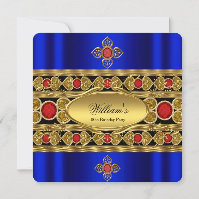 Elegant Royal Blue Gold Red Gems Birthday Party Invitation (Front)