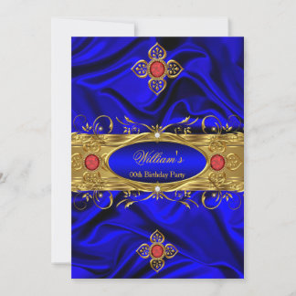 Elegant Royal Blue Gold Red Gems Silk Birthday Invitation