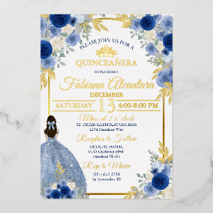 Elegant Royal Blue & Gold Rose Quinceañera Foil Invitation