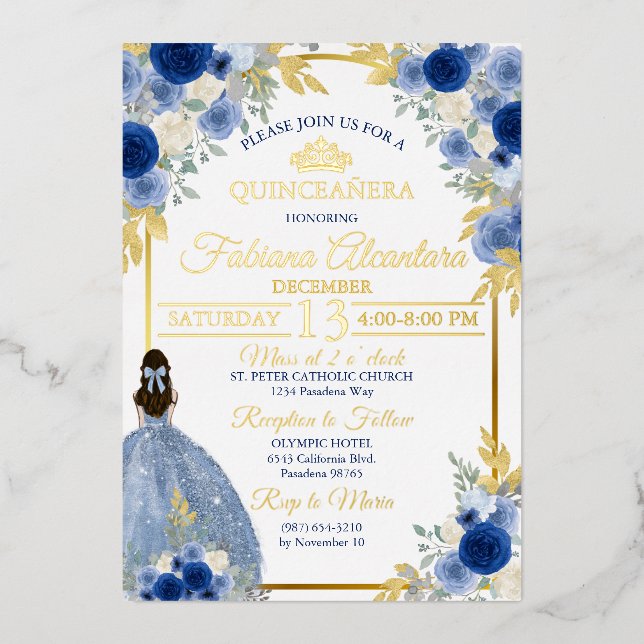 Elegant Royal Blue & Gold Rose Quinceañera Foil Invitation (Front)