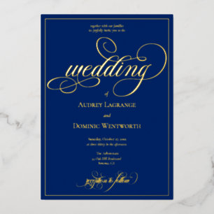 Elegant Royal Blue Gold Script Calligraphy Wedding Foil Invitation