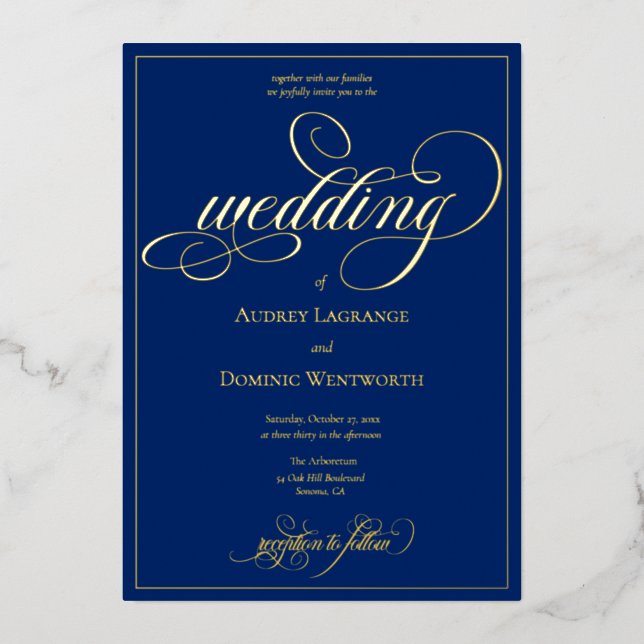 Elegant Royal Blue Gold Script Calligraphy Wedding Foil Invitation (Front)