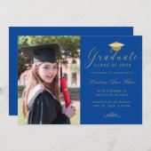 Elegant Royal Blue Gold Script Photo Graduation Announcement (Front/Back)