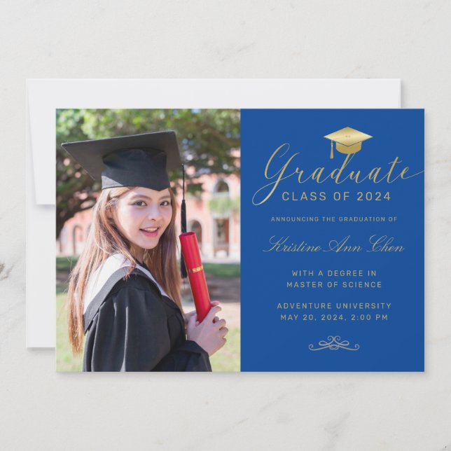 Elegant Royal Blue Gold Script Photo Graduation Announcement (Front)