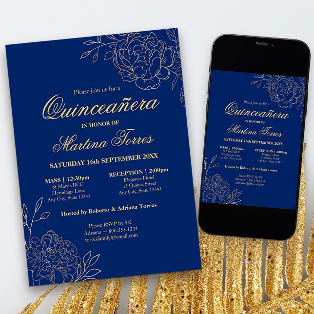 Elegant Royal Blue Gold Sketch Floral Quinceanera Invitation (Blue & Gold Quinceanera Invitation with church ceremony, from my Gold Sketched Floral collection)