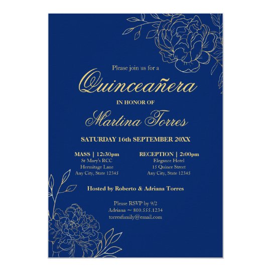 Elegant Royal Blue Gold Sketch Floral Quinceanera Invitation