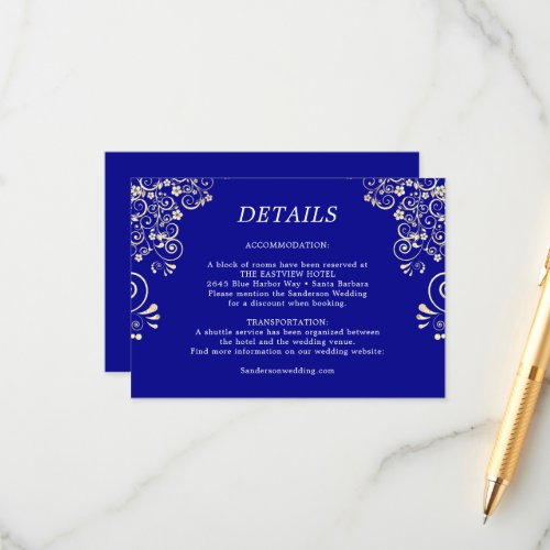 Elegant Royal Blue Gold Wedding Details  Enclosure Card