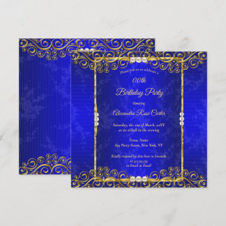Elegant Royal blue Gold White Pearl Birthday Party Invitation