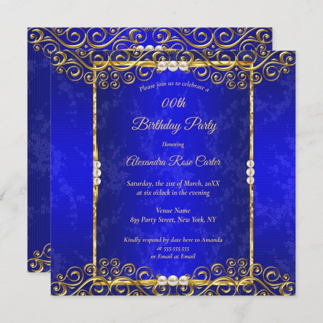 Elegant Royal blue Gold White Pearl Birthday Party Invitation (Front/Back)