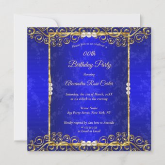 Elegant Royal blue Gold White Pearl Birthday Party Invitation | Zazzle