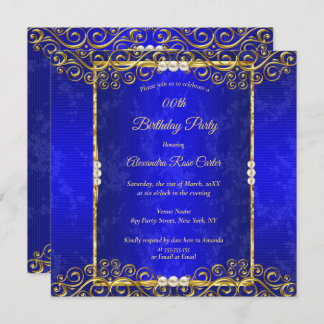 Elegant Royal blue Gold White Pearl Birthday Party Invitation