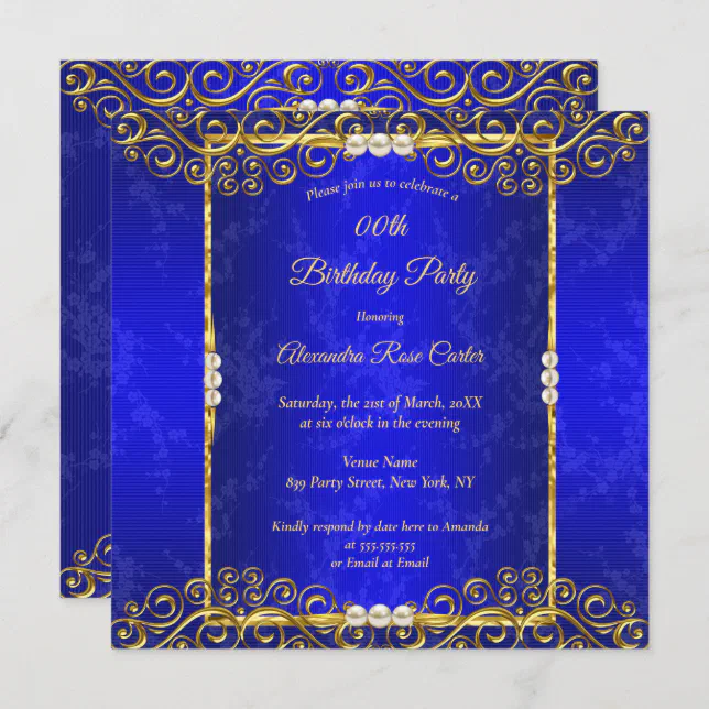 Elegant Royal blue Gold White Pearl Birthday Party Invitation | Zazzle