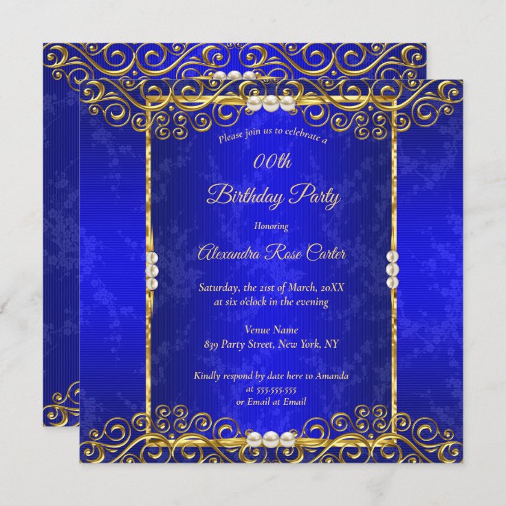 Elegant Royal blue Gold White Pearl Birthday Party Invitation | Zazzle