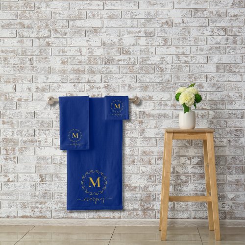 Elegant Royal Blue Gold Wreath Monogram  Bath Towel Set