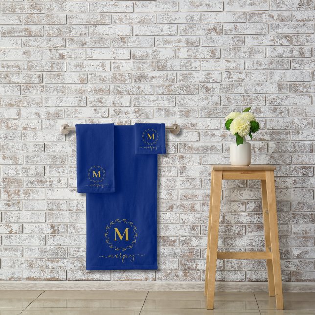 Elegant Royal Blue Gold Wreath Monogram  Bath Towel Set (Creator Uploaded)