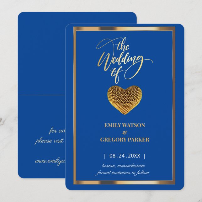 Elegant royal blue, golden frame wedding save the date (Front/Back)