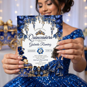 Elegant Royal Blue Golden Tiara Quinceañera Invitation