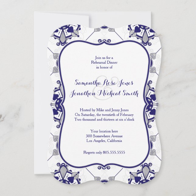 Elegant Royal Blue Grey Medallion Rehearsal Dinner Invitation (Front)