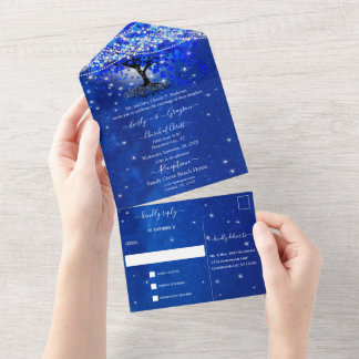 Elegant Royal Blue Heart Leaf Tree Wedding All In  One Invitation