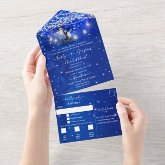 Elegant Royal Blue Wedding All In One Invitation with starry night and Heart Leaf Tree 